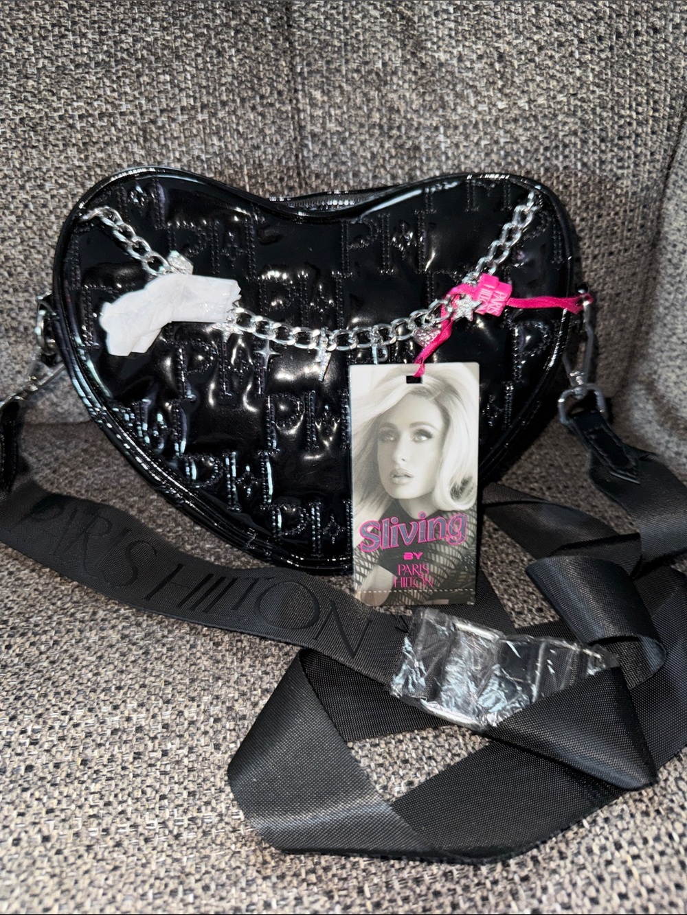 Paris Hilton Black Patent Heart Crossbody Bag with Silver Chain